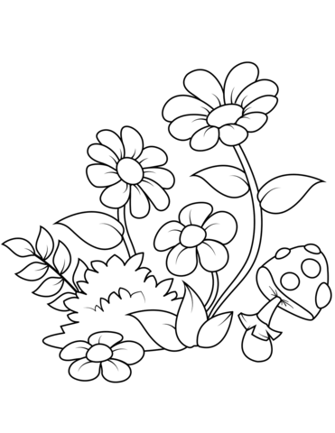 Forest Flowers And Fly Agaric Coloring Page